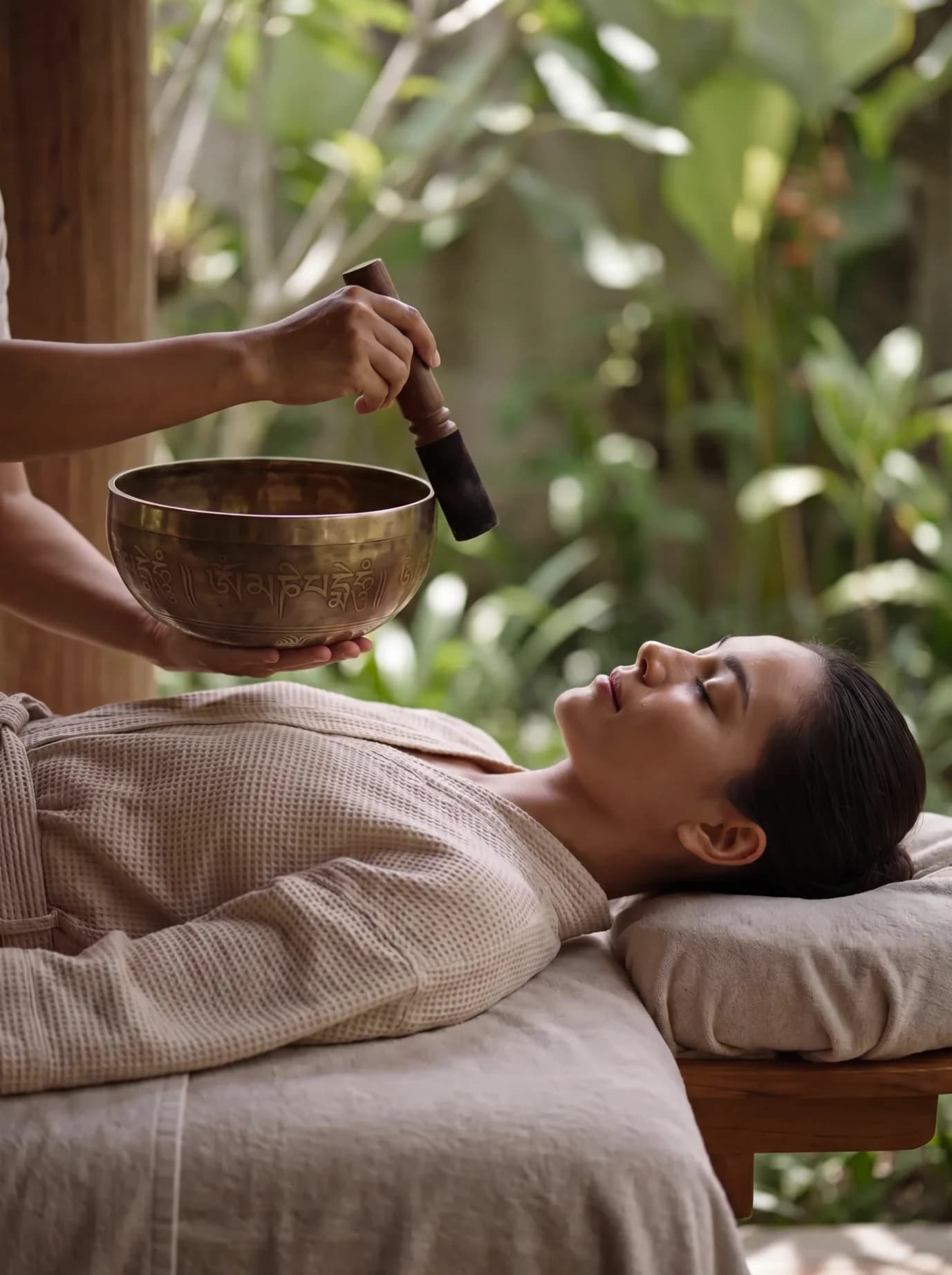 A practitioner guiding a relaxing sound-bowl session
