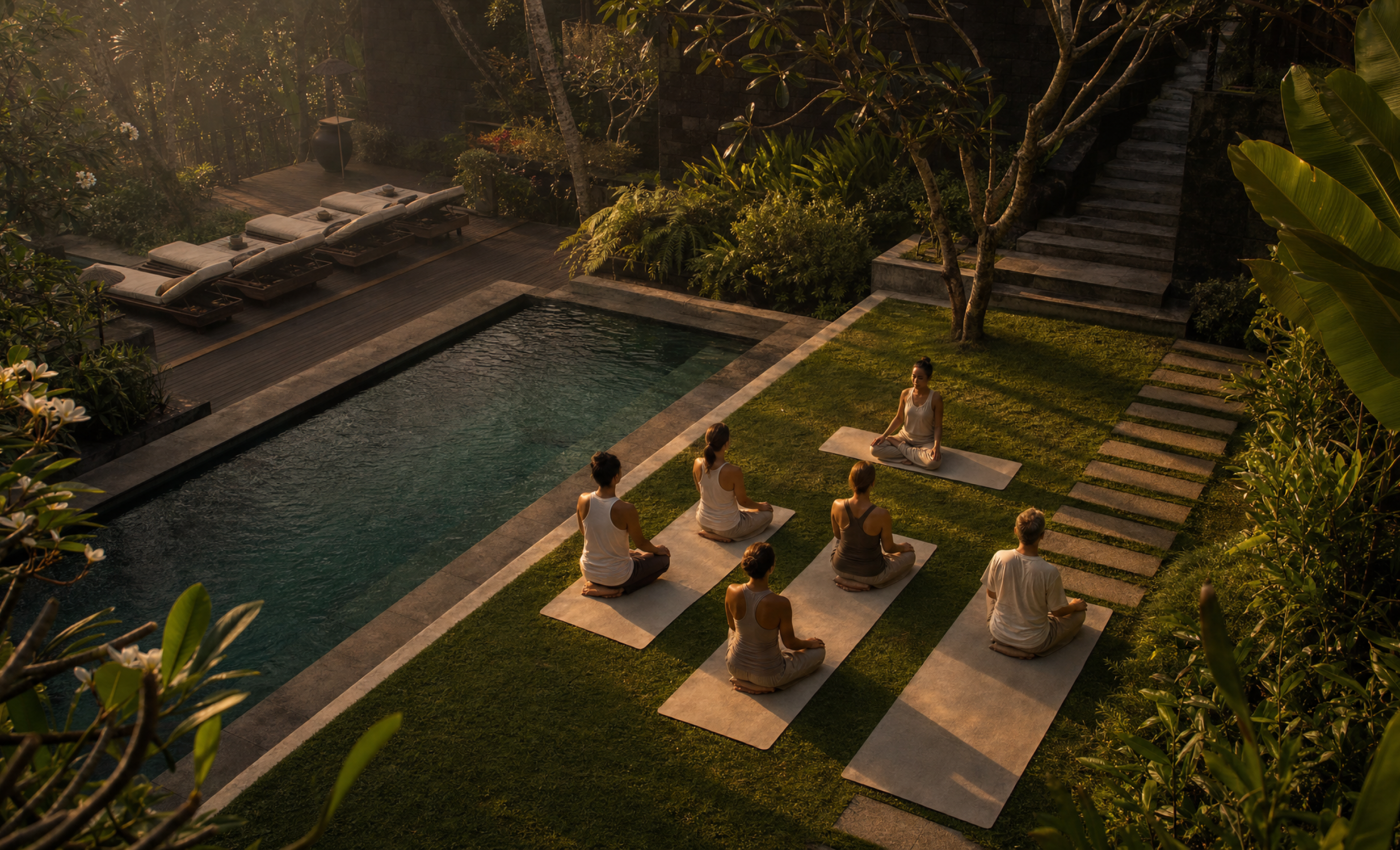 A group practising yoga beside a pool in a tropical garden