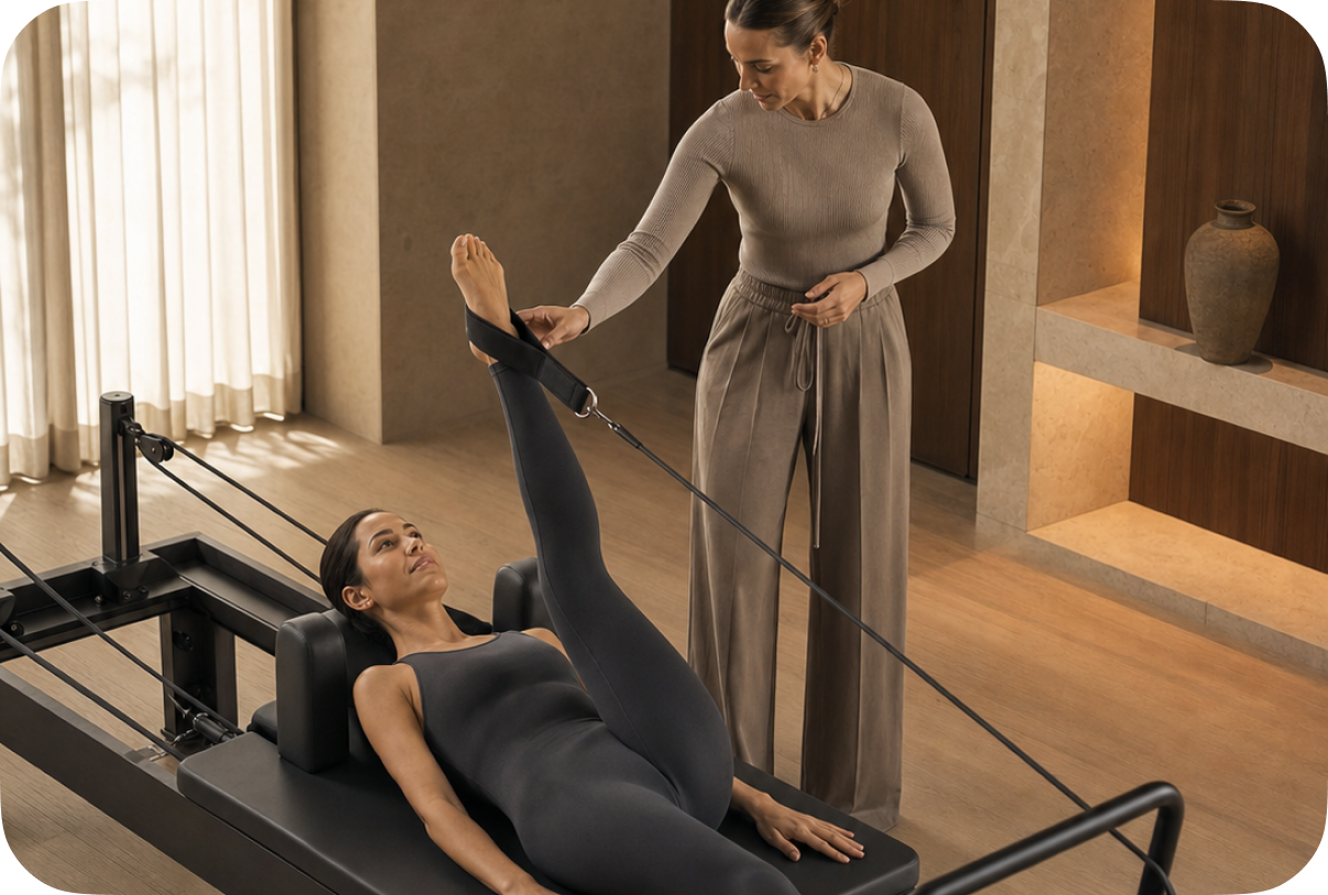 A Pilates instructor supporting a client