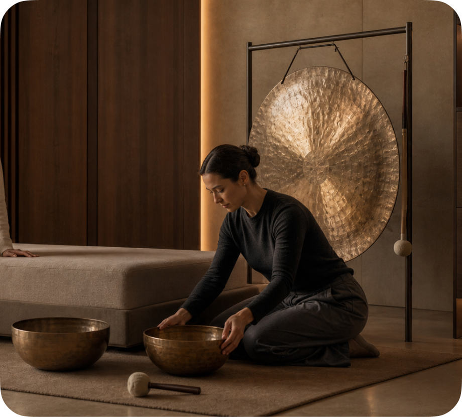 A sound therapist beside a gong